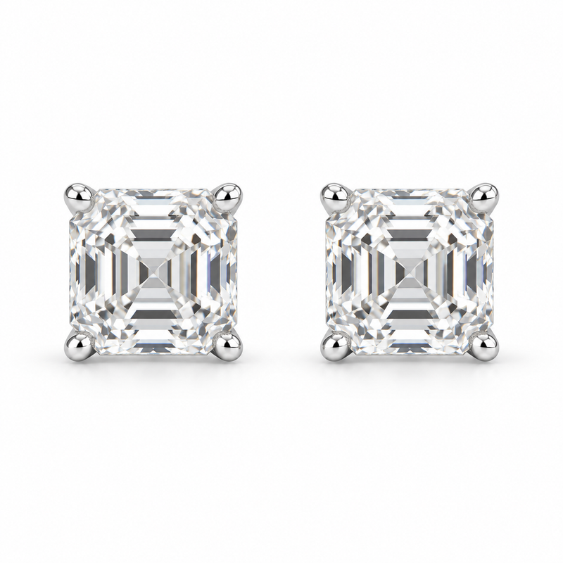 Asscher Cut Lab Stone Square Earrings (14k White Gold) — white gold, white background