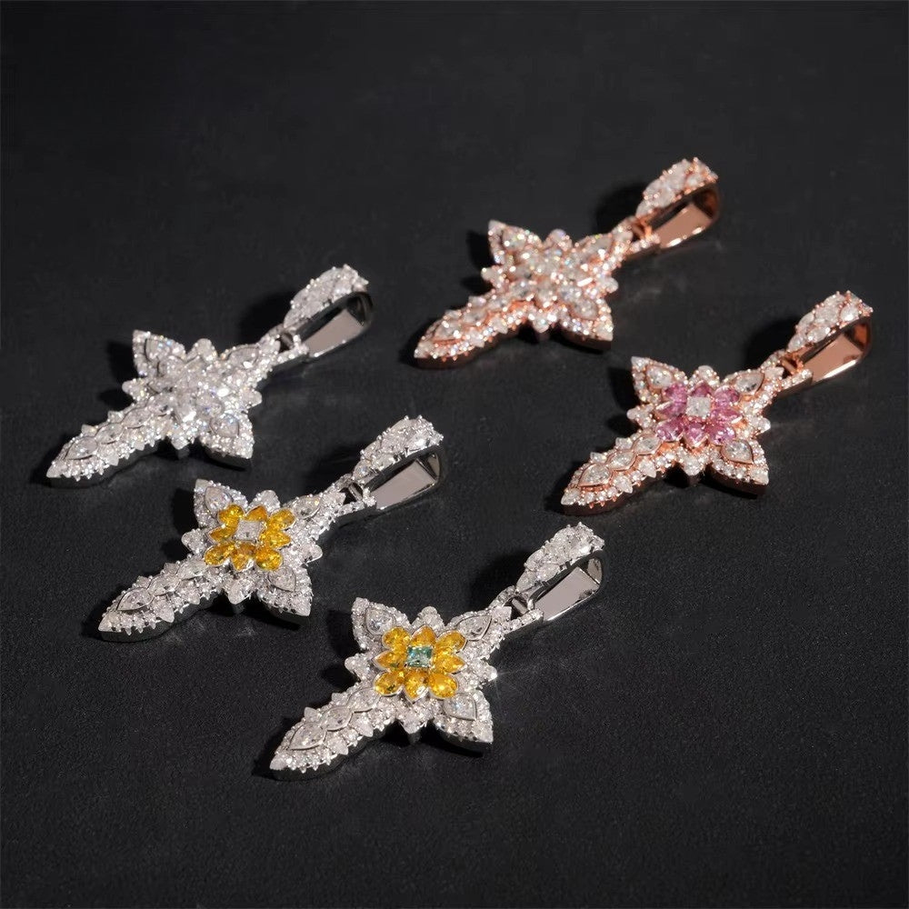 Designer Multi-Cut Moissanite Cross Pendant (.925 Silver)