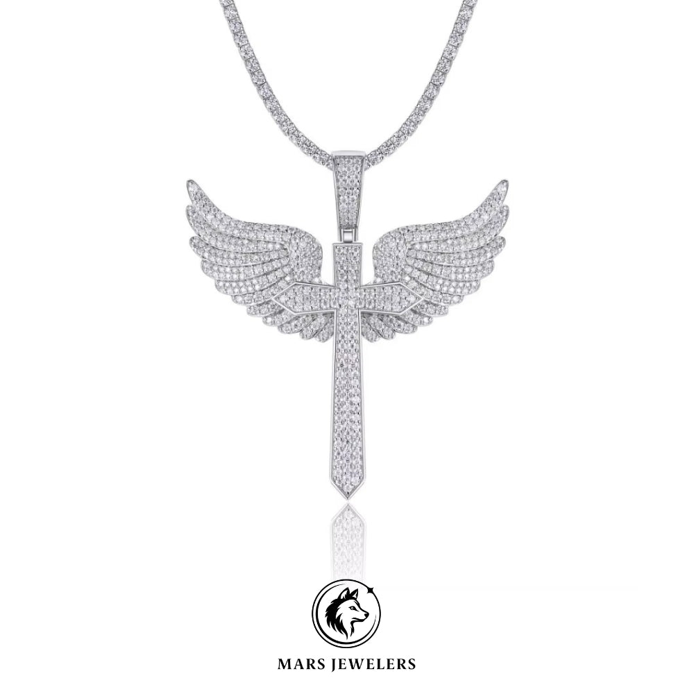 Winged Cross Pendant – VVS Lab Stone, .925 Silver