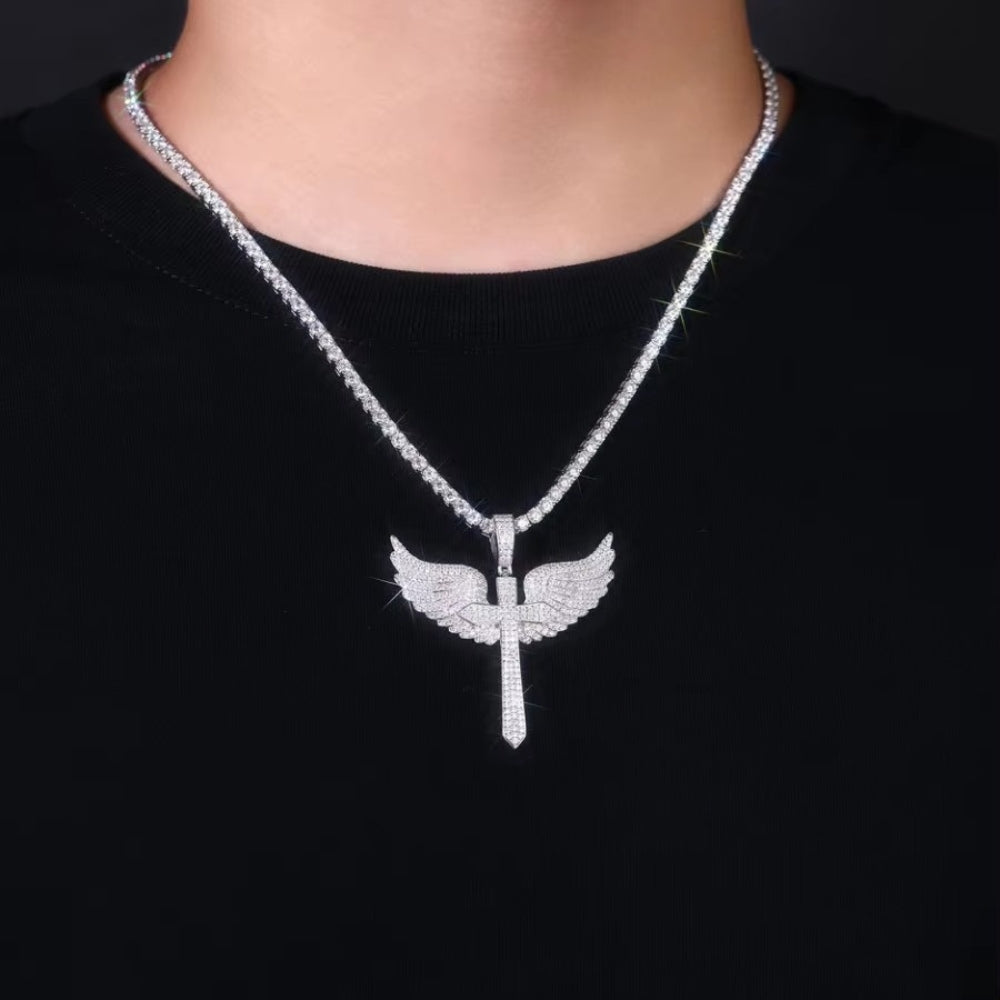 Winged Cross Pendant – VVS Lab Stone, .925 Silver