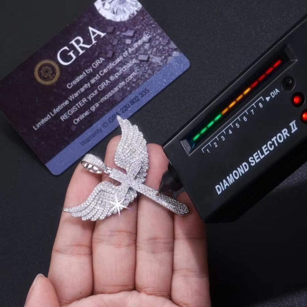 Winged Cross Pendant – VVS Lab Stone, .925 Silver