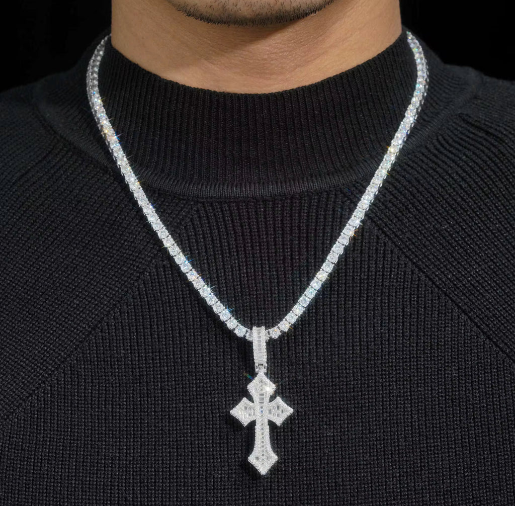 a model wearing the baguette cross pendant - Mars Jewelers