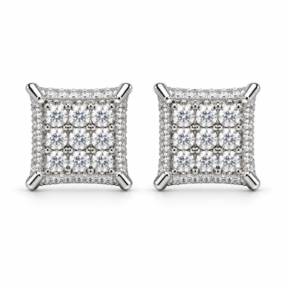 3×3 Square Lab-Created Diamond Earrings — white gold, white background