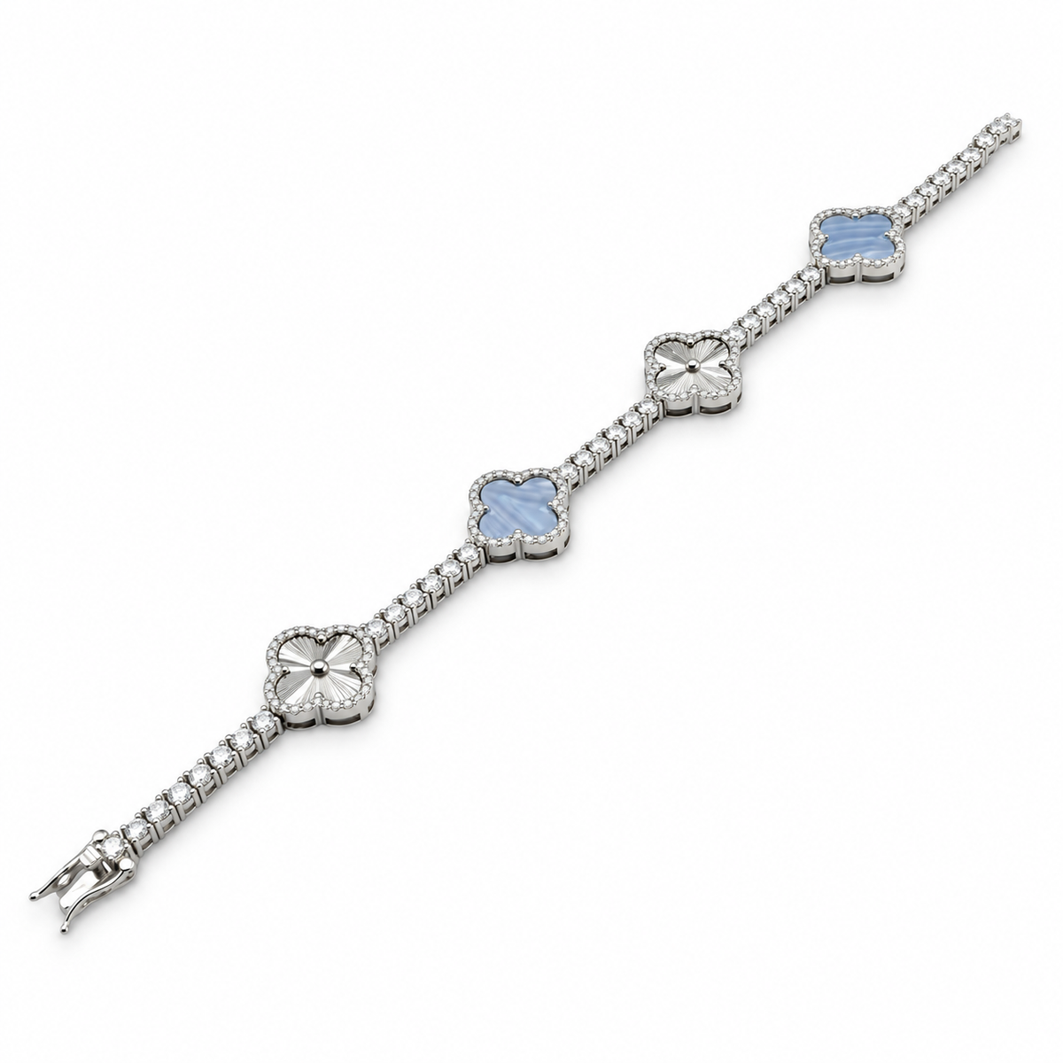 Clover tennis bracelet, blue finish, on white