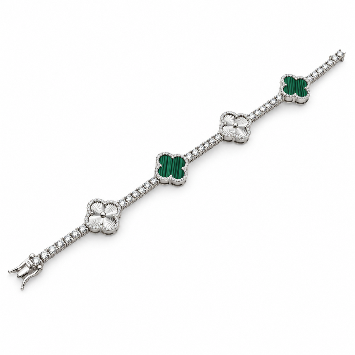 Clover tennis bracelet, green finish, on white