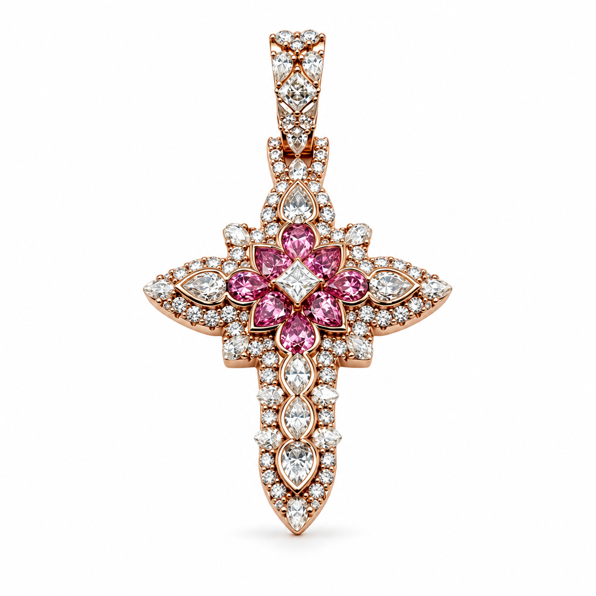 Designer Multi-Cut Moissanite Cross Pendant (.925 Silver) — pink — white background