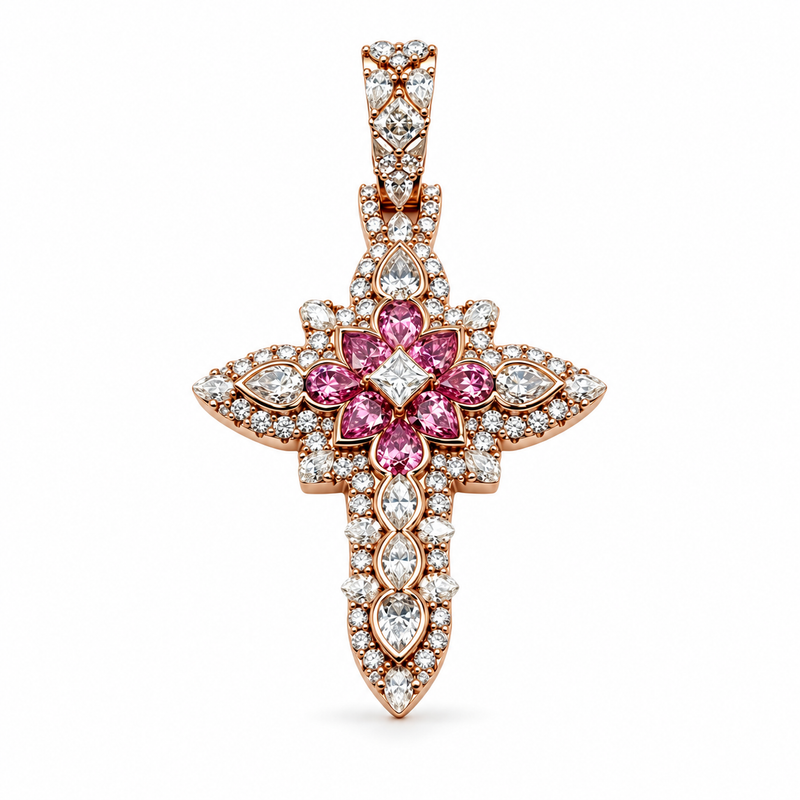Designer Multi-Cut Moissanite Cross Pendant (.925 Silver) — pink — white background