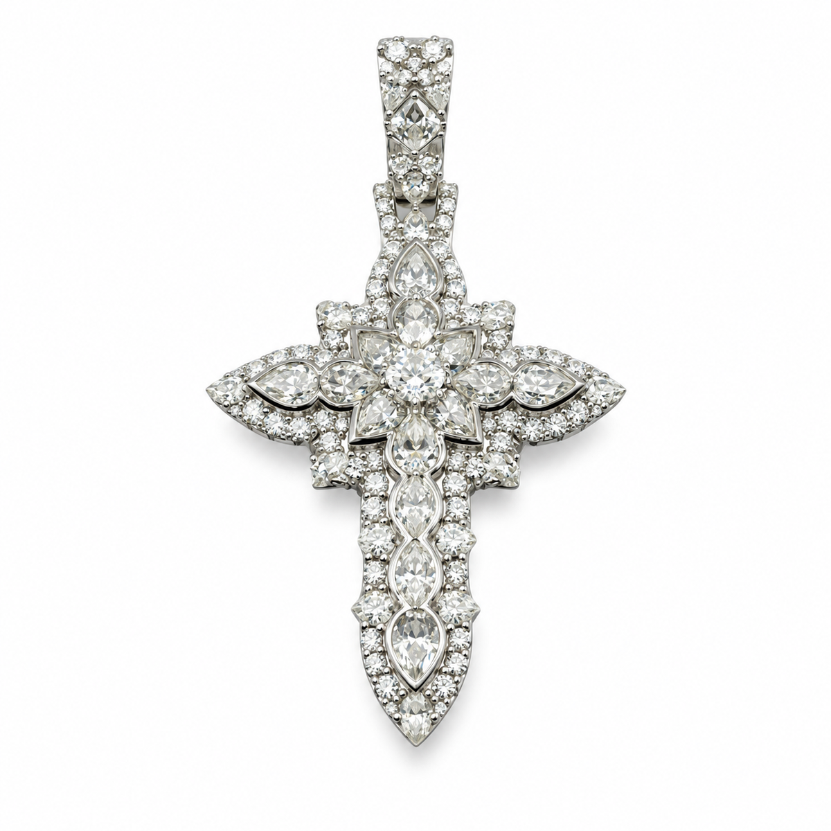 Designer Multi-Cut Moissanite Cross Pendant (.925 Silver) — white — white background