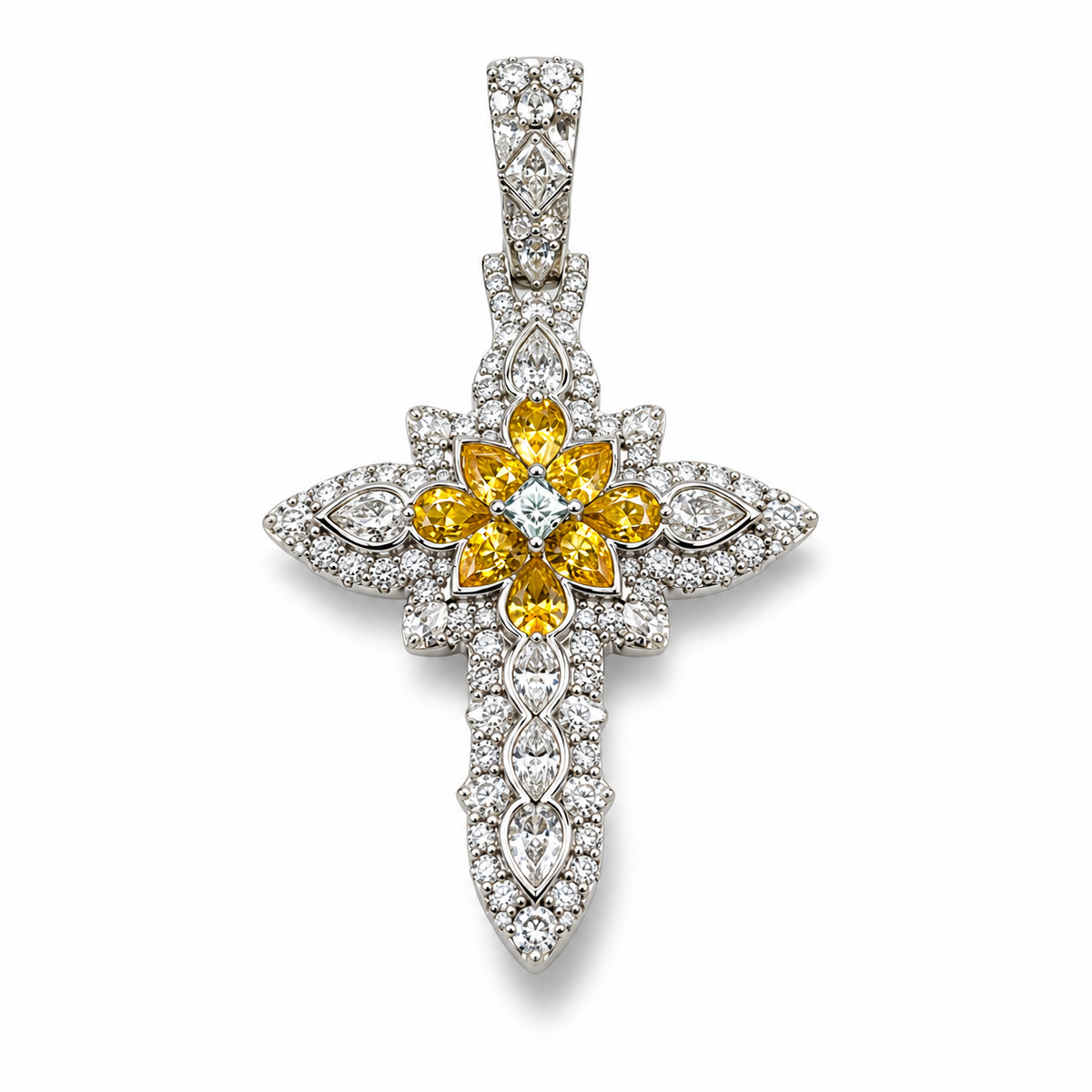 Designer Multi-Cut Moissanite Cross Pendant (.925 Silver) — yellow — white background