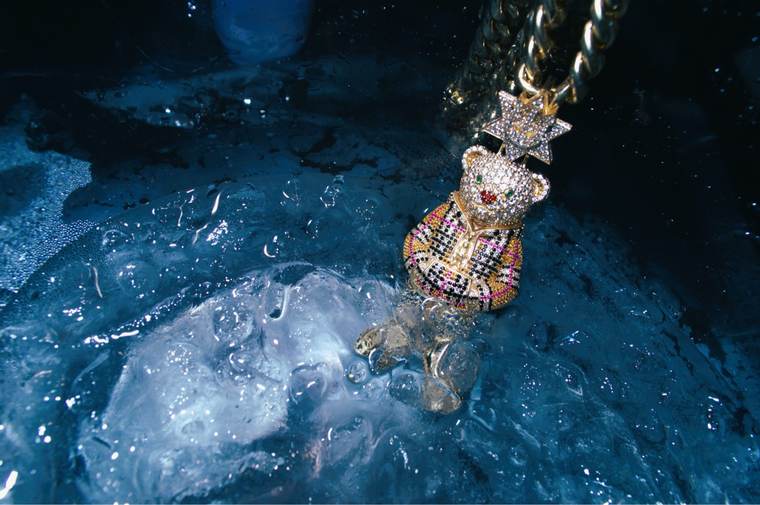 Custom teddy bear pendant covered in ice
