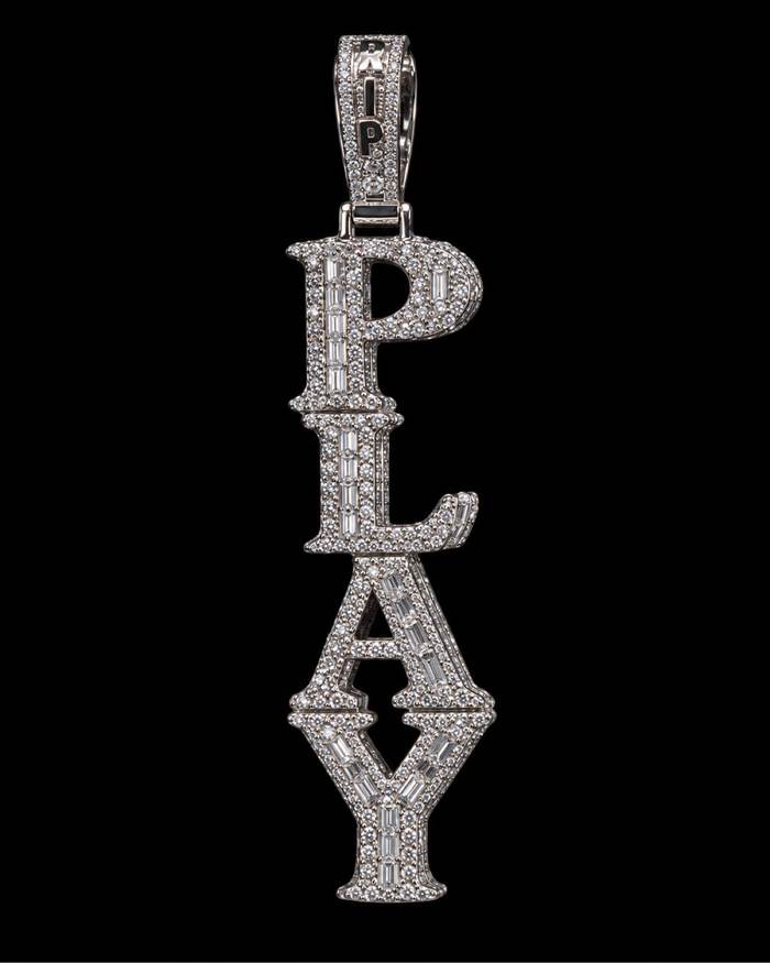 PLAY custom vertical name pendant fully iced with diamonds by Mars Jewelers