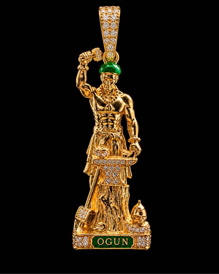 OGUN custom gold orisha pendant with diamonds and green enamel by Mars Jewelers